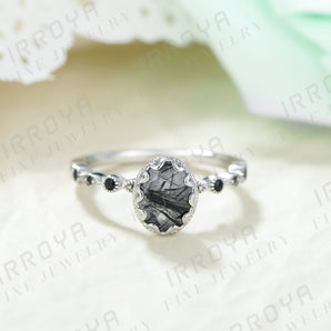 IRROYA Wedding Rings for women 1.5 Carats Oval Cut Natural Black Rutilated Quartz Wedding Bands for Women S925 Platinum Plated Sterling Silver Rings Natural Black Spinel Cocktail Ring Gift for Her