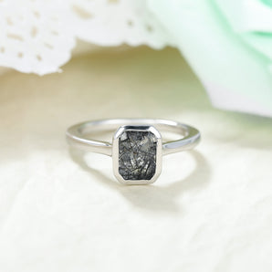 IRROYA Naturally Black Rutile Quartz Simple Women's Ring - 2.0 Carat Emerald Cut Engagement Ring - Solitaire Platinum Plated 925 Sterling Silver Promise Ring Gift for Women, Her, Mom