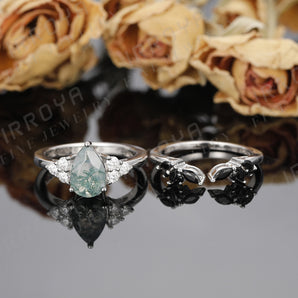 IRROYA 6x9mm Natural Pear Cut Moss Agate Bridal Ring Set Cluster Genuine Moissanite Engagement Ring V Shaped Open Ring Band - 8PCS Prong Set Black Spinel Wedding Band Platinum Plated Sterling Silver Wedding Set